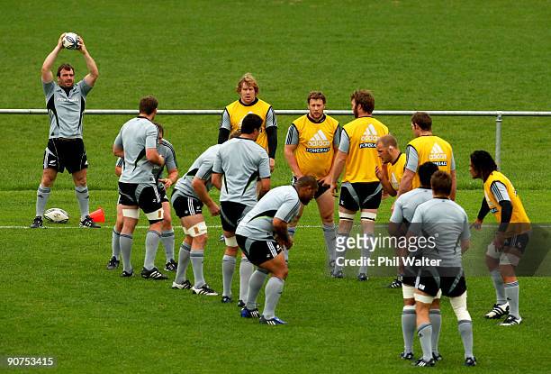 Andrew Hore of the All Blacks throws the ball into the lineout during the New Zealand All Blacks training session at Porirua Park on September 15,...