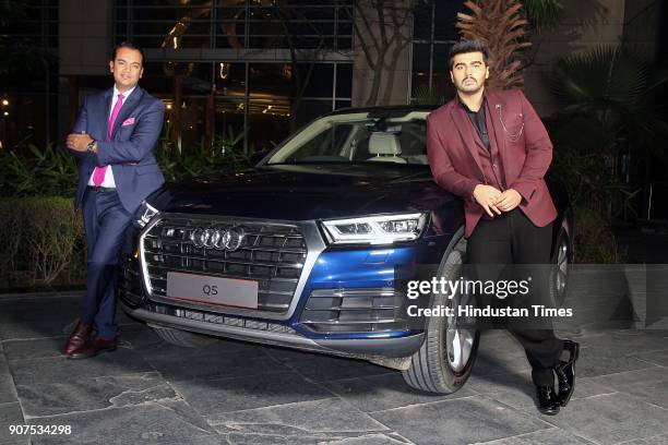 Rahil Ansari, Head, Audi India, and Bollywood actor Arjun Kapoor during the launch of Audi Q5 at GMR Grounds, Aerocity, on January 18, 2018 in New...