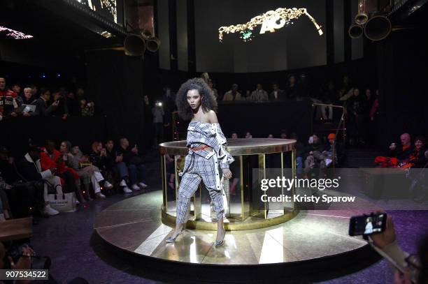 Model poses on the runway during the Andrea Crews Menswear Fall/Winter 2018-2019 show as part of Paris Fashion Week on January 20, 2018 in Paris,...