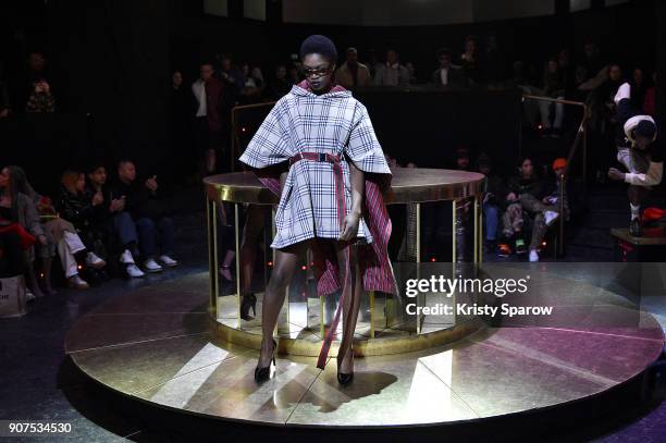 Model poses on the runway during the Andrea Crews Menswear Fall/Winter 2018-2019 show as part of Paris Fashion Week on January 20, 2018 in Paris,...