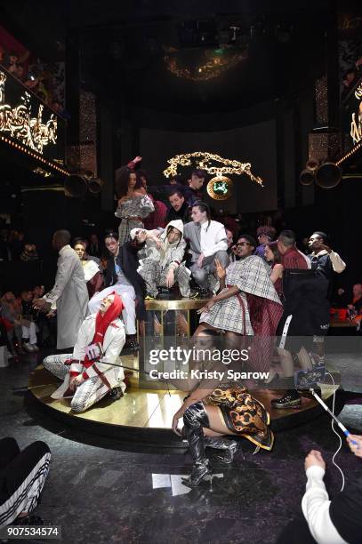 Models pose on the runway during the Andrea Crews Menswear Fall/Winter 2018-2019 show as part of Paris Fashion Week on January 20, 2018 in Paris,...