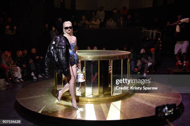 Model poses on the runway during the Andrea Crews Menswear Fall/Winter 2018-2019 show as part of Paris Fashion Week on January 20, 2018 in Paris,...