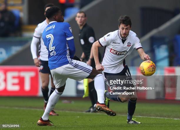 Bolton Wanderers' Will Buckley and Ipswich Town's Dominic Iorfa during the Sky Bet Championship match between Bolton Wanderers and Ipswich Town at...