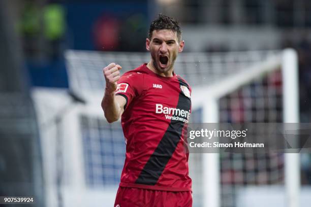 Lucas Alario of Leverkusen celebrates his team's third goal during the Bundesliga match between TSG 1899 Hoffenheim and Bayer 04 Leverkusen at Wirsol...