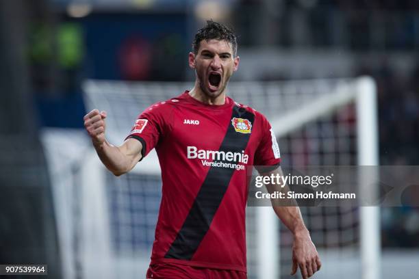 Lucas Alario of Leverkusen celebrates his team's third goal during the Bundesliga match between TSG 1899 Hoffenheim and Bayer 04 Leverkusen at Wirsol...