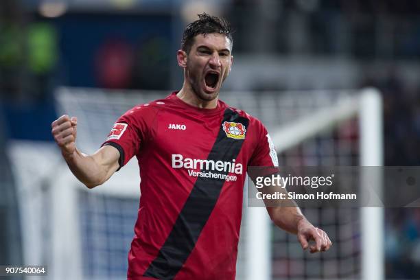 Lucas Alario of Leverkusen celebrates his team's third goal during the Bundesliga match between TSG 1899 Hoffenheim and Bayer 04 Leverkusen at Wirsol...
