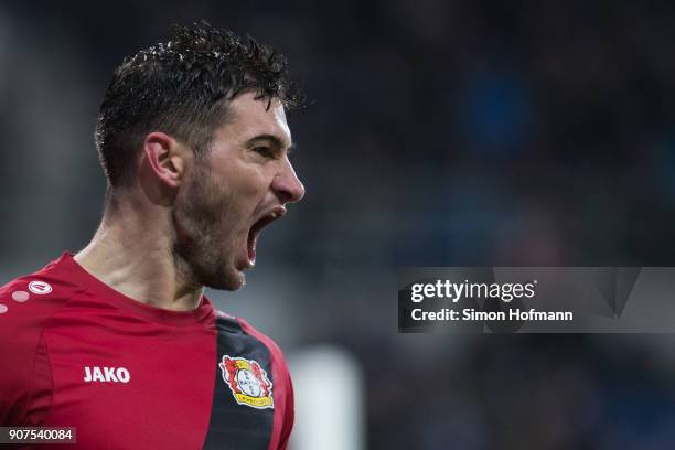 Lucas Alario of Leverkusen celebrates his team's third goal during the Bundesliga match between TSG 1899 Hoffenheim and Bayer 04 Leverkusen at Wirsol...