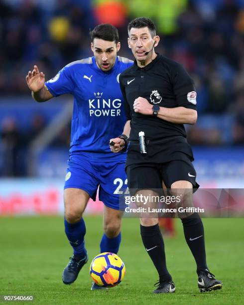 Matty James of Leicester City collides with Match Referee, Lee Probert during the Premier League match between Leicester City and Watford at The King...