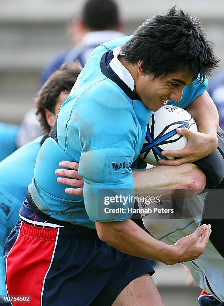 Ash Moeke is tackled during an Auckland training session at Unitec on September 15, 2009 in Auckland, New Zealand.