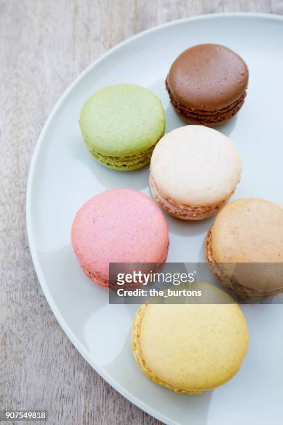 high angle view of macaroons on a plate - cauterets stock pictures, royalty-free photos & images