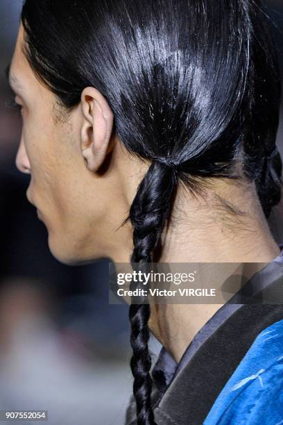 Model walks the runway during the Haider Ackermann Menswear Fall/Winter 2018-2019 show as part of Paris Fashion Week on January 17, 2018 in Paris,...