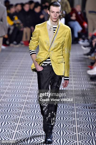 Model walks the runway during the Haider Ackermann Menswear Fall/Winter 2018-2019 show as part of Paris Fashion Week on January 17, 2018 in Paris,...