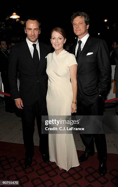 Director Tom Ford, actress Julianne Moore and actor Colin Firth pose at the "A Single Man" screening during the 2009 Toronto International Film...