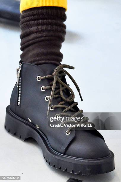 Model poses during the Julien David Menswear Fall/Winter 2018-2019 presentation as part of Paris Fashion Week on January 17, 2018 in Paris, France.