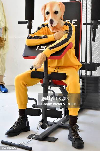 Model poses during the Julien David Menswear Fall/Winter 2018-2019 presentation as part of Paris Fashion Week on January 17, 2018 in Paris, France.