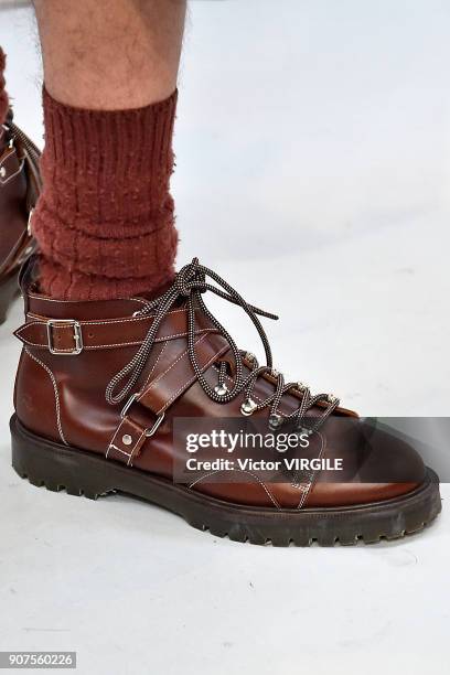 Model poses during the Julien David Menswear Fall/Winter 2018-2019 presentation as part of Paris Fashion Week on January 17, 2018 in Paris, France.