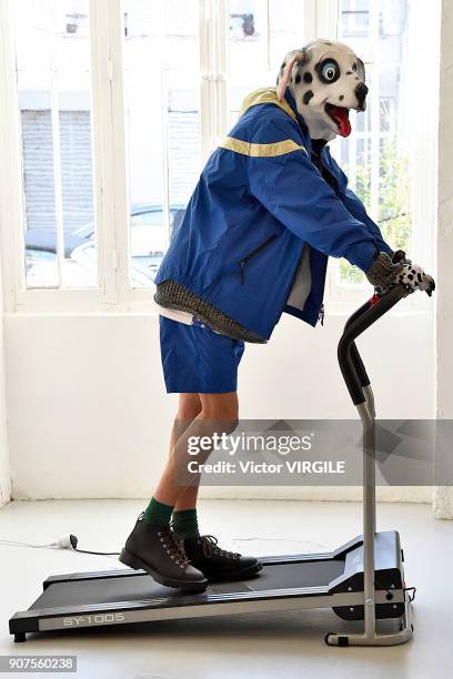 Model poses during the Julien David Menswear Fall/Winter 2018-2019 presentation as part of Paris Fashion Week on January 17, 2018 in Paris, France.