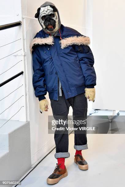 Model poses during the Julien David Menswear Fall/Winter 2018-2019 presentation as part of Paris Fashion Week on January 17, 2018 in Paris, France.