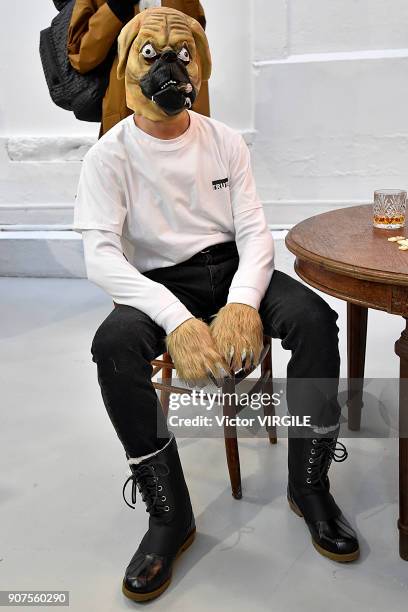 Model poses during the Julien David Menswear Fall/Winter 2018-2019 presentation as part of Paris Fashion Week on January 17, 2018 in Paris, France.