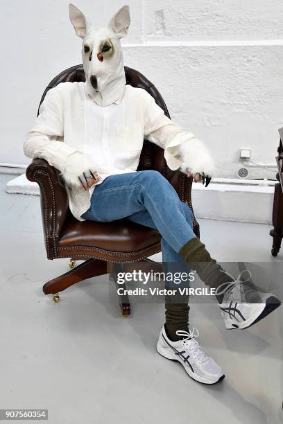 Model poses during the Julien David Menswear Fall/Winter 2018-2019 presentation as part of Paris Fashion Week on January 17, 2018 in Paris, France.