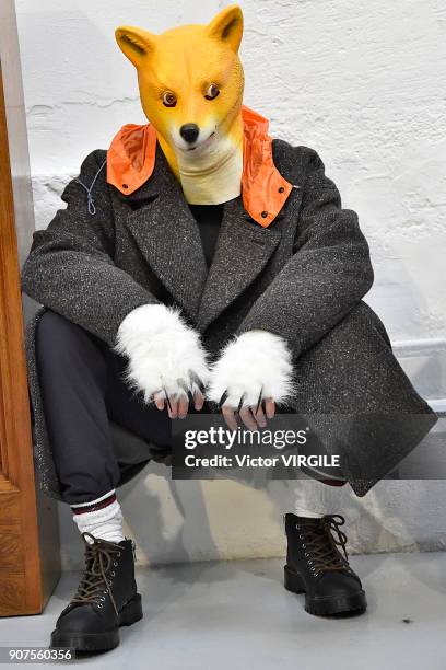 Model poses during the Julien David Menswear Fall/Winter 2018-2019 presentation as part of Paris Fashion Week on January 17, 2018 in Paris, France.