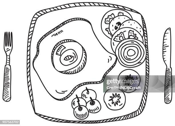 healthy breakfast hand drawn - fried egg stock illustrations