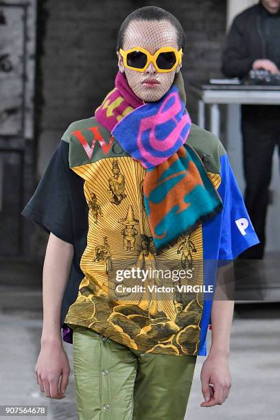 Model walks the runway during the Walter Van Beirendonck Menswear Fall/Winter 2018-2019 show as part of Paris Fashion Week on January 17, 2018 in...