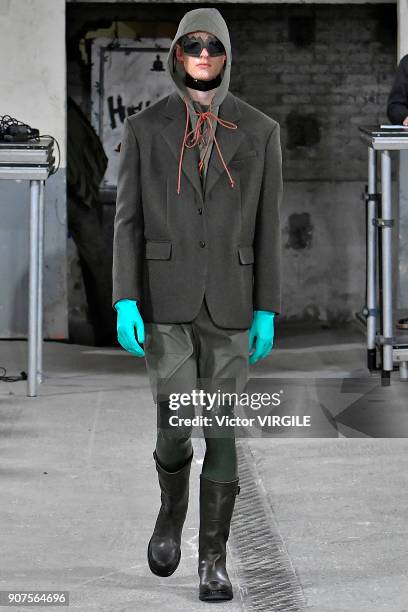 Model walks the runway during the Walter Van Beirendonck Menswear Fall/Winter 2018-2019 show as part of Paris Fashion Week on January 17, 2018 in...