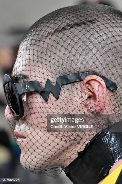 Model walks the runway during the Walter Van Beirendonck Menswear Fall/Winter 2018-2019 show as part of Paris Fashion Week on January 17, 2018 in...