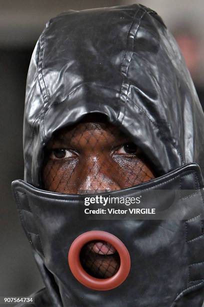 Model walks the runway during the Walter Van Beirendonck Menswear Fall/Winter 2018-2019 show as part of Paris Fashion Week on January 17, 2018 in...