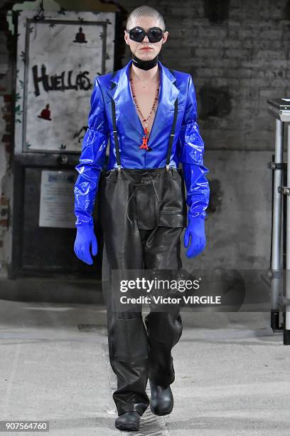 Model walks the runway during the Walter Van Beirendonck Menswear Fall/Winter 2018-2019 show as part of Paris Fashion Week on January 17, 2018 in...