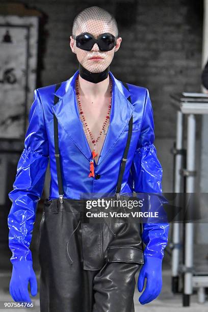 Model walks the runway during the Walter Van Beirendonck Menswear Fall/Winter 2018-2019 show as part of Paris Fashion Week on January 17, 2018 in...