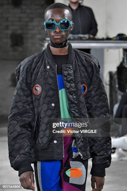 Model walks the runway during the Walter Van Beirendonck Menswear Fall/Winter 2018-2019 show as part of Paris Fashion Week on January 17, 2018 in...