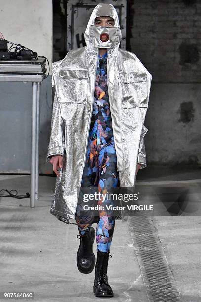 Model walks the runway during the Walter Van Beirendonck Menswear Fall/Winter 2018-2019 show as part of Paris Fashion Week on January 17, 2018 in...