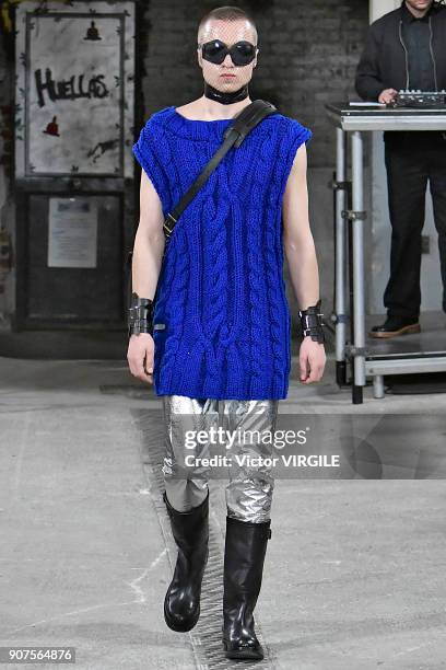 Model walks the runway during the Walter Van Beirendonck Menswear Fall/Winter 2018-2019 show as part of Paris Fashion Week on January 17, 2018 in...