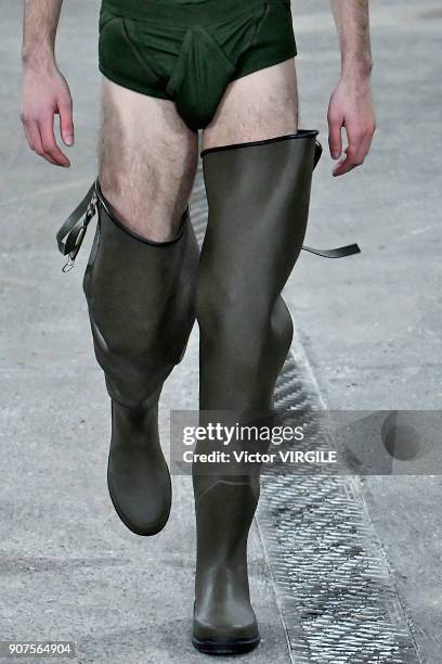 Model walks the runway during the Walter Van Beirendonck Menswear Fall/Winter 2018-2019 show as part of Paris Fashion Week on January 17, 2018 in...