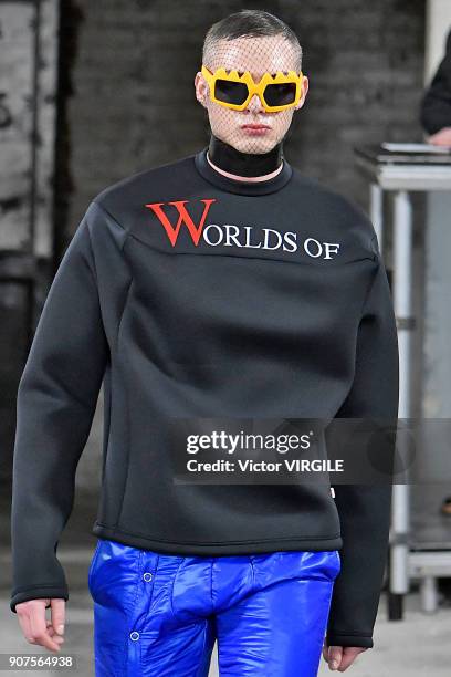 Model walks the runway during the Walter Van Beirendonck Menswear Fall/Winter 2018-2019 show as part of Paris Fashion Week on January 17, 2018 in...