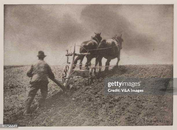 Photogravure from the photographer Peter Henry Emerson's book 'Pictures of East Anglia Life' . The picture shows a ploughman with two horses...