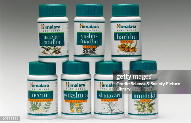 Containers of herbal tablets, Indian, 2005. Containers of herbal medicine used by practitioners of Ayurveda. Manufactured by The Himalaya Drug...