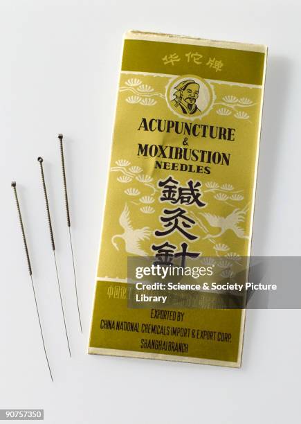 Three large acupuncture and moxibustion needles, made by the China National Chemicals Import & Export Corporation, Shanghai. Acupuncture is a medical...