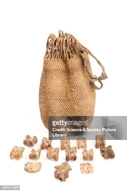 Medicine man's bag containing 30 animal vertebrae, 2 pebbles, a hoof, two pieces of carved bone, and a nut shell.