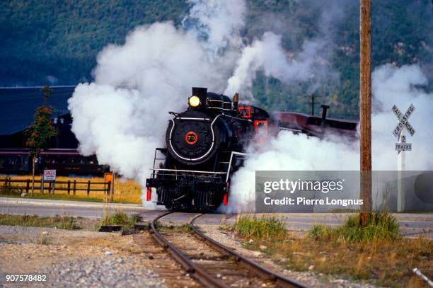 white pass & yukon route 73 steam train and locomotive leaving skagway-alaska for a scenic trip to whitehorse-yukon - skagway stock-fotos und bilder