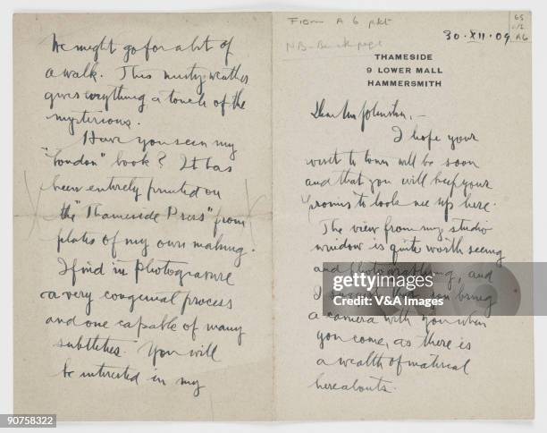 Pages 1 & 2: 'Thameside, 9 Lower Mall, Hammersmith. Dear Mr Johnston, I hope your visit to town will be soon and that you will keep your promise to...