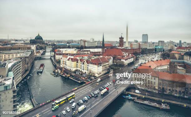 high angle view over berlin with tv-tower hidden in the fog - berlin aerial stock pictures, royalty-free photos & images