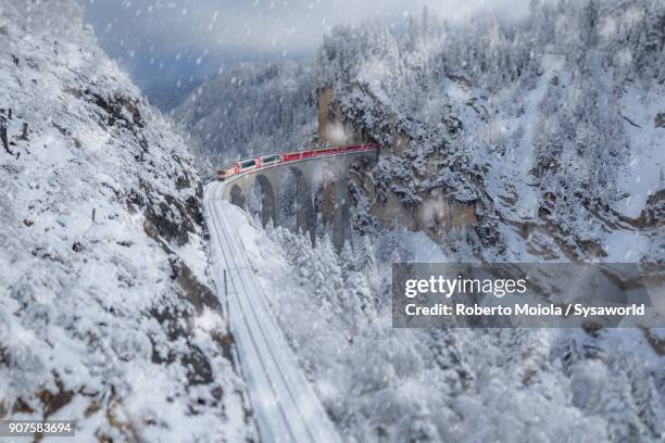 bernina express in the snowy woods, switzerland - svizzera imagens e fotografias de stock
