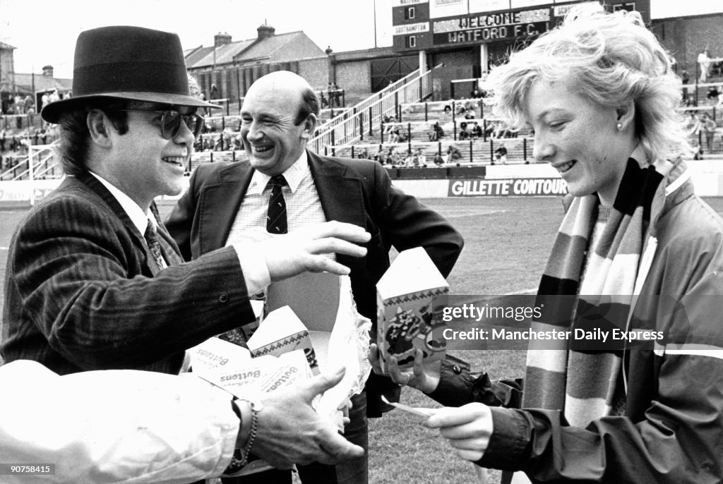 Elton John at Watford Football Club, April 1985.