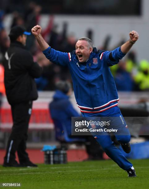 Paul Lambert, Manager of Stoke City celebrates during the Premier League match between Stoke City and Huddersfield Town at Bet365 Stadium on January...
