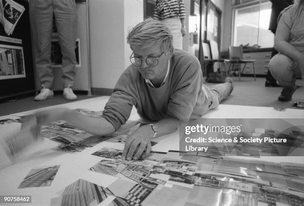 David Hockney creating a 'joiner' photographic collage of the National Museum of Photography, Film & Television. Taken with a 35mm single lens reflex...