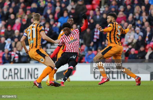 Josh Maja of Sunderland shoots at goal during the Sky Bet Championship match between Sunderland and Hull City at Stadium of Light on January 20, 2018...