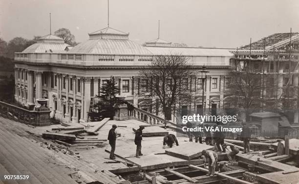 Photograph by Horace W Nicholls. A replica of South Africa's parliament buildings under construction for an exhibition at the Crystal Palace in...